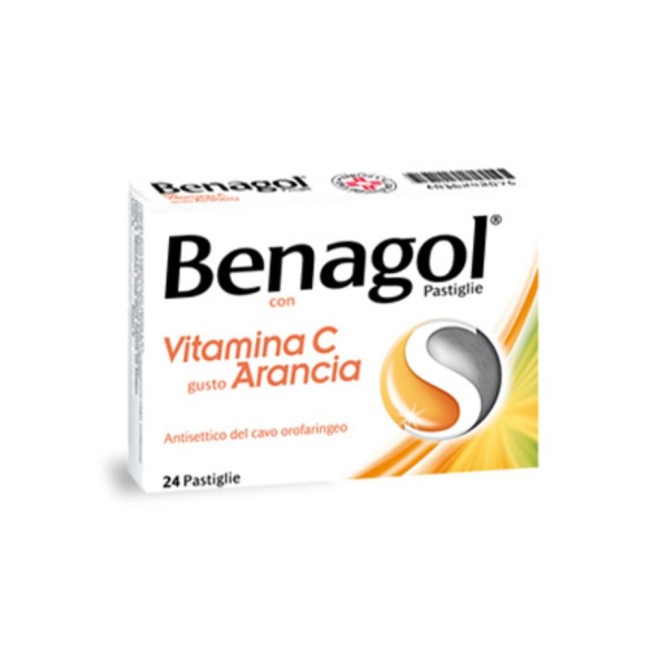 Benagol 1,2 Mg + 0,6 Mg + 74,9 Mg + 33,5 Mg Pastiglie Con Vitamina C Gusto Arancia 2,4-diclorobenzil Alcool + Amilmetacresolo +