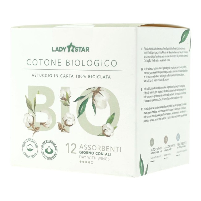Ladystar Assorbenti Esterni 100% Cotone Bio Giorno Ali 12 Pezzi