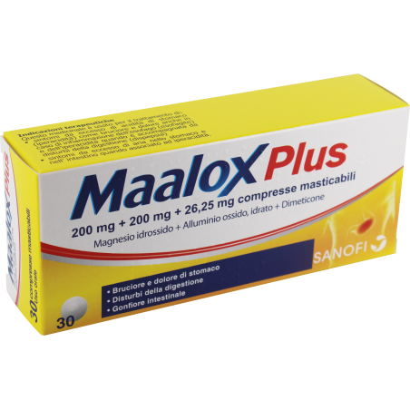 Gmm Farma Maalox Plus 200 Mg + 200 Mg + 26,25 Mg Compresse Masticabili Magnesio Idrossido + Alluminio Ossido, Idrato + Dimeticon Gmm Farma Maalox Plus 200 Mg + 200 Mg + 26,25 Mg Compresse Masticabili Magnesio Idrossido + Alluminio Ossido, Idrato + Dimeticon