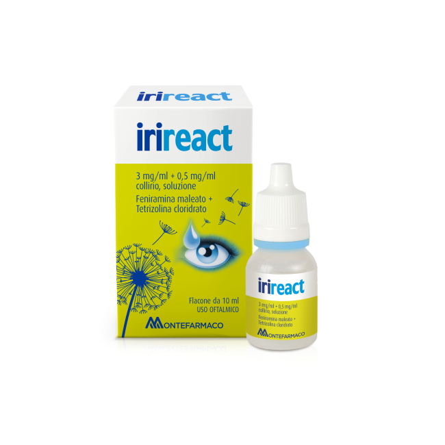Montefarmaco Irireact 3 Mg/ml + 0,5 Mg/ml Collirio, Soluzione Feniramina Maleato + Tetrizolina Cloridrato Medicinale Equivalente Montefarmaco Irireact 3 Mg/ml + 0,5 Mg/ml Collirio, Soluzione Feniramina Maleato + Tetrizolina Cloridrato Medicinale Equivalente