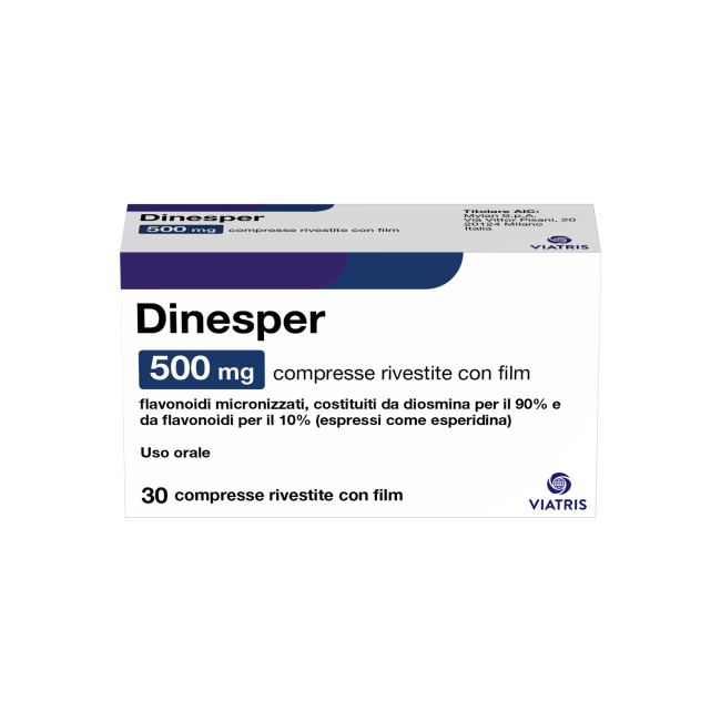 Viatris Dinesper 500 Mg Compresse Rivestite Con Film Flavonoidi Micronizzati, Costituiti Da Diosmina Per Il 90% E Da Flavonoidi Viatris Dinesper 500 Mg Compresse Rivestite Con Film Flavonoidi Micronizzati, Costituiti Da Diosmina Per Il 90% E Da Flavonoidi