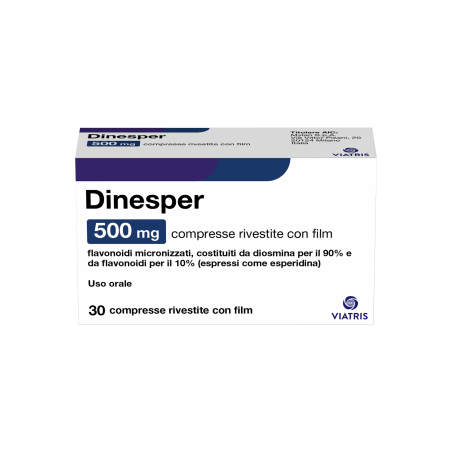 Viatris Dinesper 500 Mg Compresse Rivestite Con Film Flavonoidi Micronizzati, Costituiti Da Diosmina Per Il 90% E Da Flavonoidi Viatris Dinesper 500 Mg Compresse Rivestite Con Film Flavonoidi Micronizzati, Costituiti Da Diosmina Per Il 90% E Da Flavonoidi