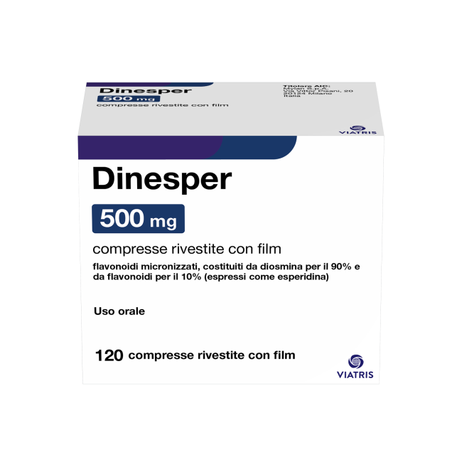 Viatris Dinesper 500 Mg Compresse Rivestite Con Film Flavonoidi Micronizzati, Costituiti Da Diosmina Per Il 90% E Da Flavonoidi Viatris Dinesper 500 Mg Compresse Rivestite Con Film Flavonoidi Micronizzati, Costituiti Da Diosmina Per Il 90% E Da Flavonoidi