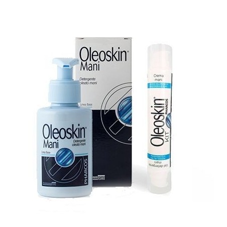 Oleoskin Kit Igienizzante Pharcos Gel Detergente Mani Alcool 74% E Clorexidina 50 Ml + Crema Mani Acido Ialuronico E Sale Sodico
