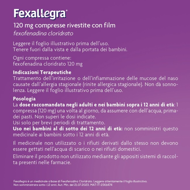 Fexallegra 120 Mg Compresse Rivestite Con Film Fexofenadina Cloridrato Fexallegra 120 Mg Compresse Rivestite Con Film Fexofenadina Cloridrato