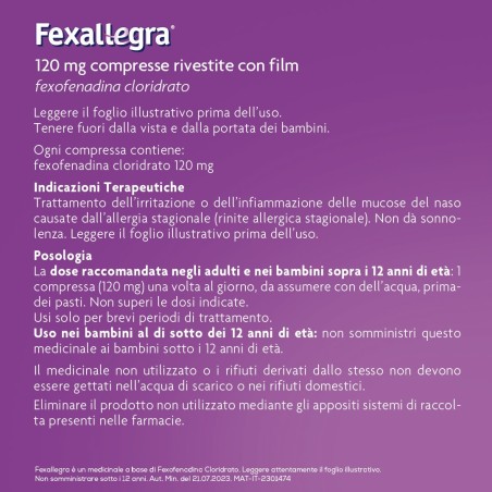 Fexallegra 120 Mg Compresse Rivestite Con Film Fexofenadina Cloridrato Fexallegra 120 Mg Compresse Rivestite Con Film Fexofenadina Cloridrato